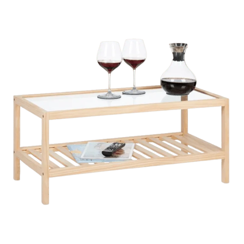 Solid Pine Wood 2-Tier Side Table(Glass Top)