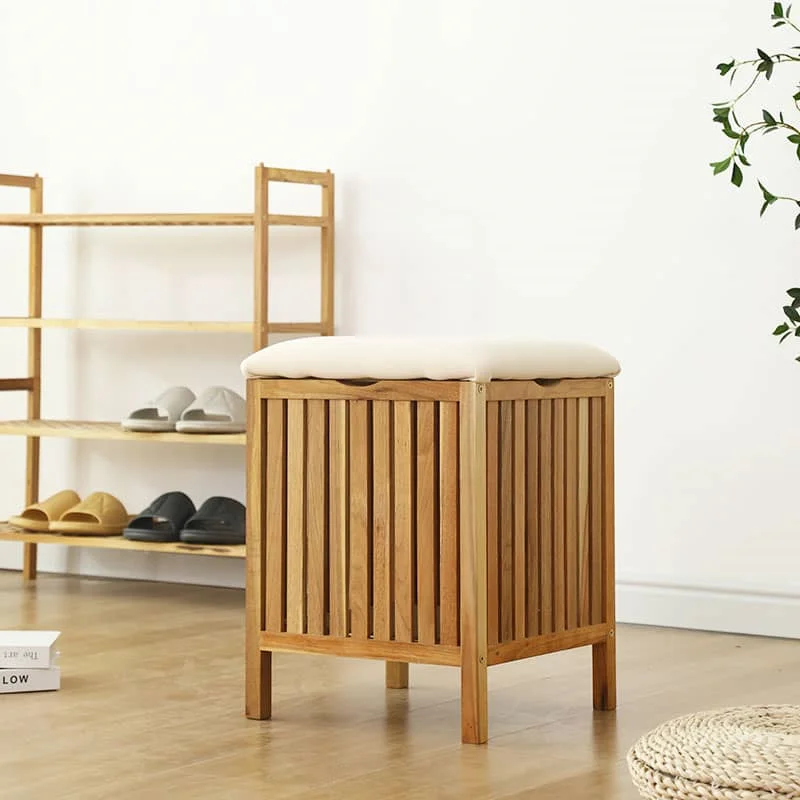 Solid wood strip design seating stool with storage space small size