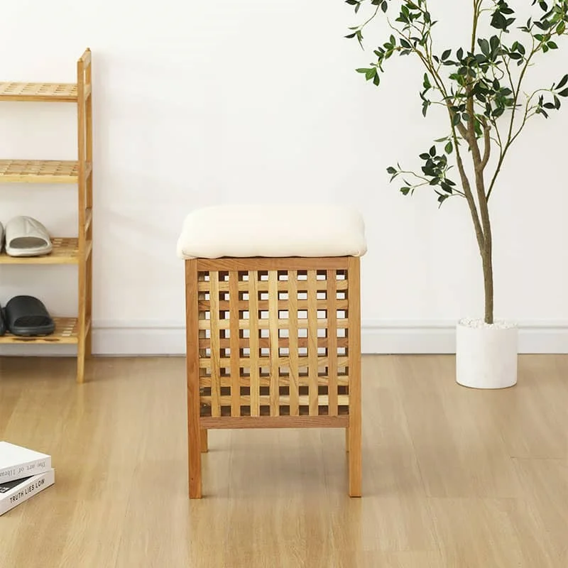 Solid wood grid design seating stool with storage space small size