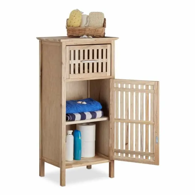 Chinese Walnut Wood Strip design walnut wood bathroom storage cabinet with door and drawer