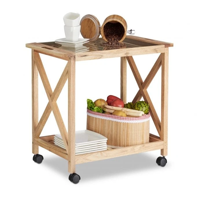 Chinese Walnut Wood Strip design Chinese walnut wood room service trolley/2 tier shelves with wheels